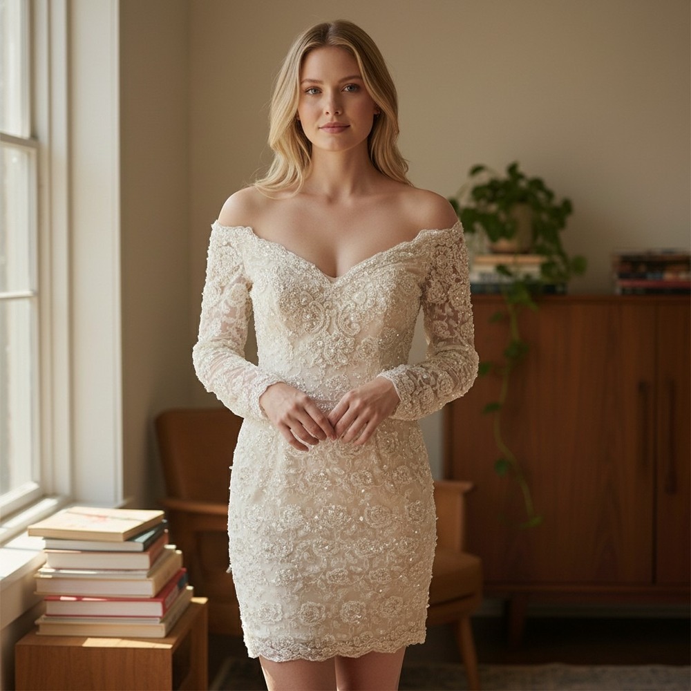 Bridal By Justine VTG Cocktail Bridal Dress Women's Sz Small Sequined Beaded EUC